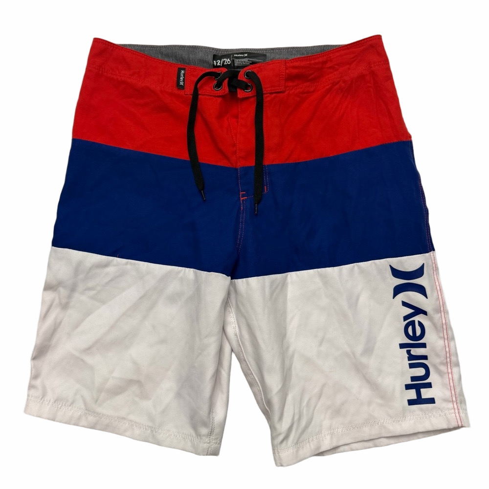 Hurley Red Blue White Colorblock Kids Swim Trunks Youth Boy Size 12 I 26” Waist